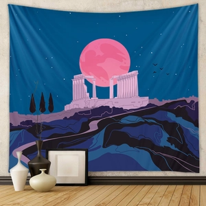 Detail of bohemian tapestry featuring ancient Greek temple and giant pink moon artwork
