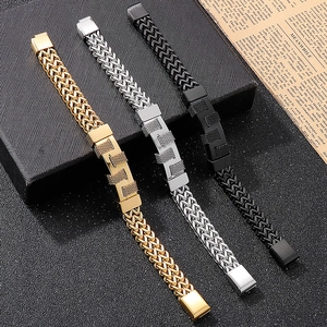 Hip hop titanium steel woven chain bracelets in gold, silver and black with Z-shaped plates