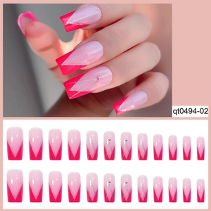 French tip coffin fake nails in pink and rose red with glitter V-lines and rhinestones