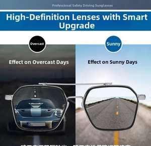 Comparison showing sunglasses lens performance in cloudy and sunny driving conditions