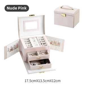 Nude pink PU leather jewelry box with multi-layer compartments and metal lock
