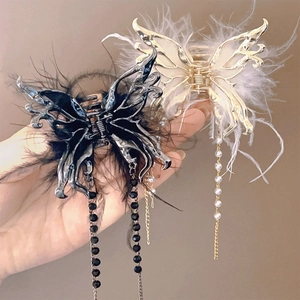 Butterfly Hair Claw Clip With Feather And Faux Artificial Pearl Tassel Alloy Plush Hairpin For Women Winter Elegant Accessory