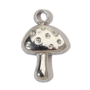 Detailed view of a silver mushroom pendant with dotted texture and integrated bail