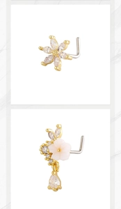 Detailed view of 18k gold plated L-shaped nose studs with white flower and zircon inlay