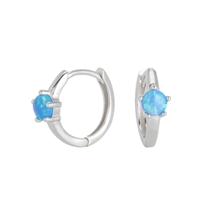 Close-up of S925 sterling silver hoop earrings set with round blue opal gemstones