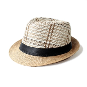 Beige straw fedora hat for men and women with checkered crown and black ribbon trim