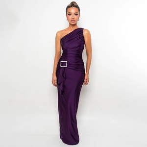 Ein Schulter Maxi Kleid Geraffte Satin Strass Schnalle Ärmellos Bodycon Abend Party Sexy Streetwear Für Frauen