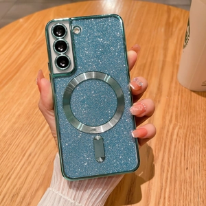 Close-up of blue glitter Samsung phone case with silver magnetic ring and kickstand