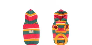 Detail of colorful striped dog hoodie with cute cartoon patch and soft fleece texture