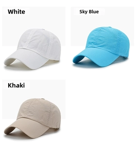 Detailed view of quick-dry baseball caps with laser-cut ventilation holes in three colors