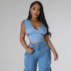 Débardeur Style Denim Col En V Profond Femme Côté Évidé Boucle Métallique Sans Manches Crop Top Gilet