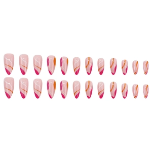 Modern almond press-on nails with rose red wavy lines and pink abstract patterns