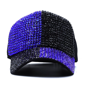 Front view of a baseball cap with shiny rhinestones in blue and black color block style