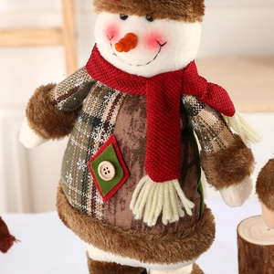 Standing plush Christmas snowman doll in vintage plaid jacket with telescopic legs