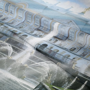 Detailed view of the woven fabric texture and European palace fountain printing
