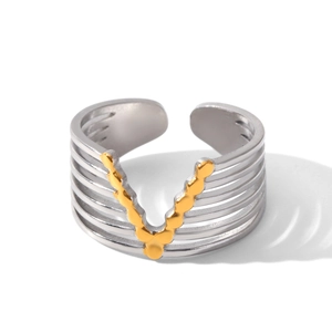 Detail of mixed-color layered ring with golden bead V-shape on stainless steel band