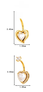 Detailed size specifications for heart-shaped zircon belly rings in gold-plated steel