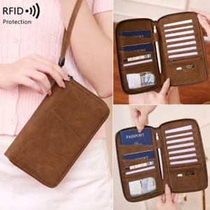 Detail view of RFID blocking passport wallet with credit card slots and pen holder