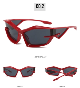 Three-way view of red geometric cat eye sunglasses with grey lenses and C0.2 model code