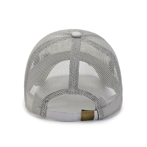 Back view of light grey mesh baseball cap featuring an adjustable bronze metal buckle