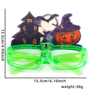 Detail showing dimensions of green Halloween LED glasses with bats and pumpkins