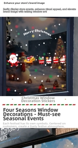 Close-up of Santa Claus and reindeer stickers on a glass window for Christmas decor