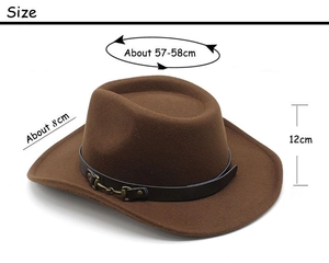 Detailed size specifications for brown felt cowboy hat with 57-58cm head circumference