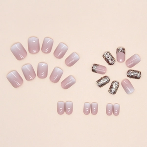 Short square press-on nails with red glitter, French gradient design, and 24-piece set