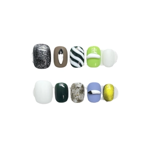 Artistic short press-on nails with 3D graffiti, glitter, and marble patterns