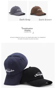 Detailed four-color embroidered baseball caps in dark grey, coffee, navy, and black cotton