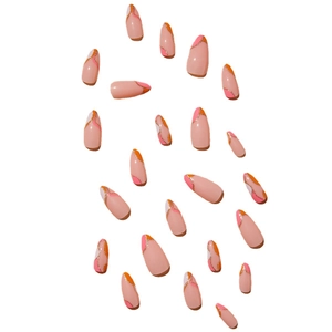 Almond press-on nails with pink glitter swirls and nude base, 24 piece long set