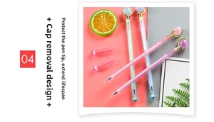 Detail of creative globe gel pens with pull-cap design in macaron colors and glitter tops