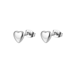 Detailed view of polished silver heart stud earrings with secure butterfly backings