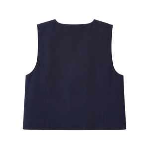 Navy blue sleeveless vest suit with pleated trousers featuring premium twill fabric texture