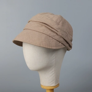 Japanese style khaki pleated linen newsboy cap for women with breathable sun protection