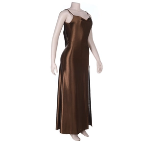 Detail of elegant coffee brown satin maxi dress featuring a draped cowl neck design