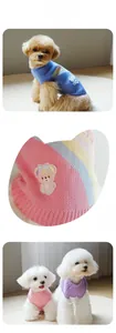 Detail of rainbow striped pet sweater with cute bear patch and elastic ribbed neckline
