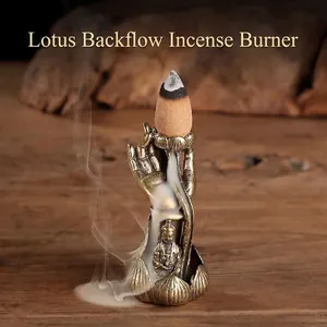 Solid brass backflow incense burner featuring Buddha hand and lotus flower design