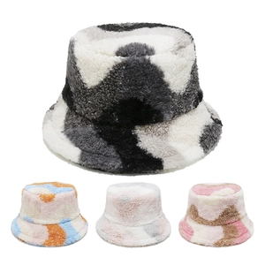 Women Plush Bucket Hat Faux Lambswool Colorful Patchwork Wave Grid Warm Winter Autumn Basin Hat