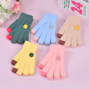Kids knitted five-finger gloves in multiple colors with smiley face patches and flower decor