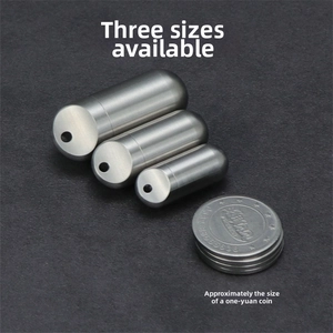 Three sizes of titanium pill capsules with comparison to coins for scale reference