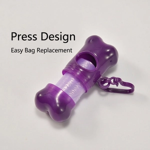 Purple bone-shaped dog waste bag dispenser with hook and internal refill rolls