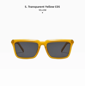 Détail de lunettes de soleil carrées jaune transparent avec verres gris foncé chic