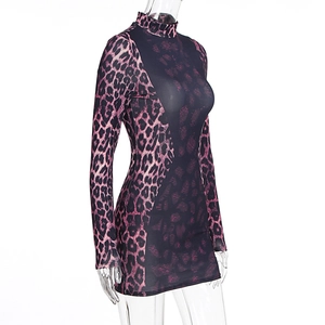 Detail of slim fit leopard print dress featuring high collar and long sleeves
