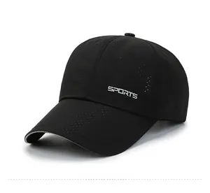 Close-up of black breathable mesh baseball cap featuring white SPORTS letter print