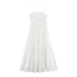 White mesh cutout maxi dress with spaghetti straps and tiered skirt for summer vacations