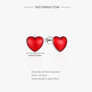 Detail of red enamel heart stud earrings in 925 silver with S925 hallmark and size info