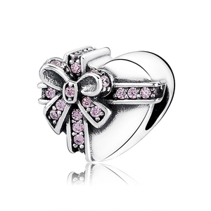 Heart Charm 925 Sterling Silver Pink Cubic Zirconia Bow Gift Box Style For Bracelet DIY Jewelry Making