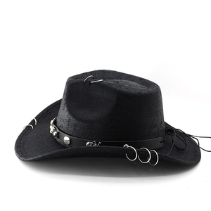 Detail of black cowboy hat with silver rings, metal studs, and a soft suede texture