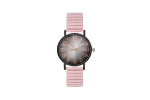 Detail of women's quartz watch with pink elastic band and gray gradient numeric dial